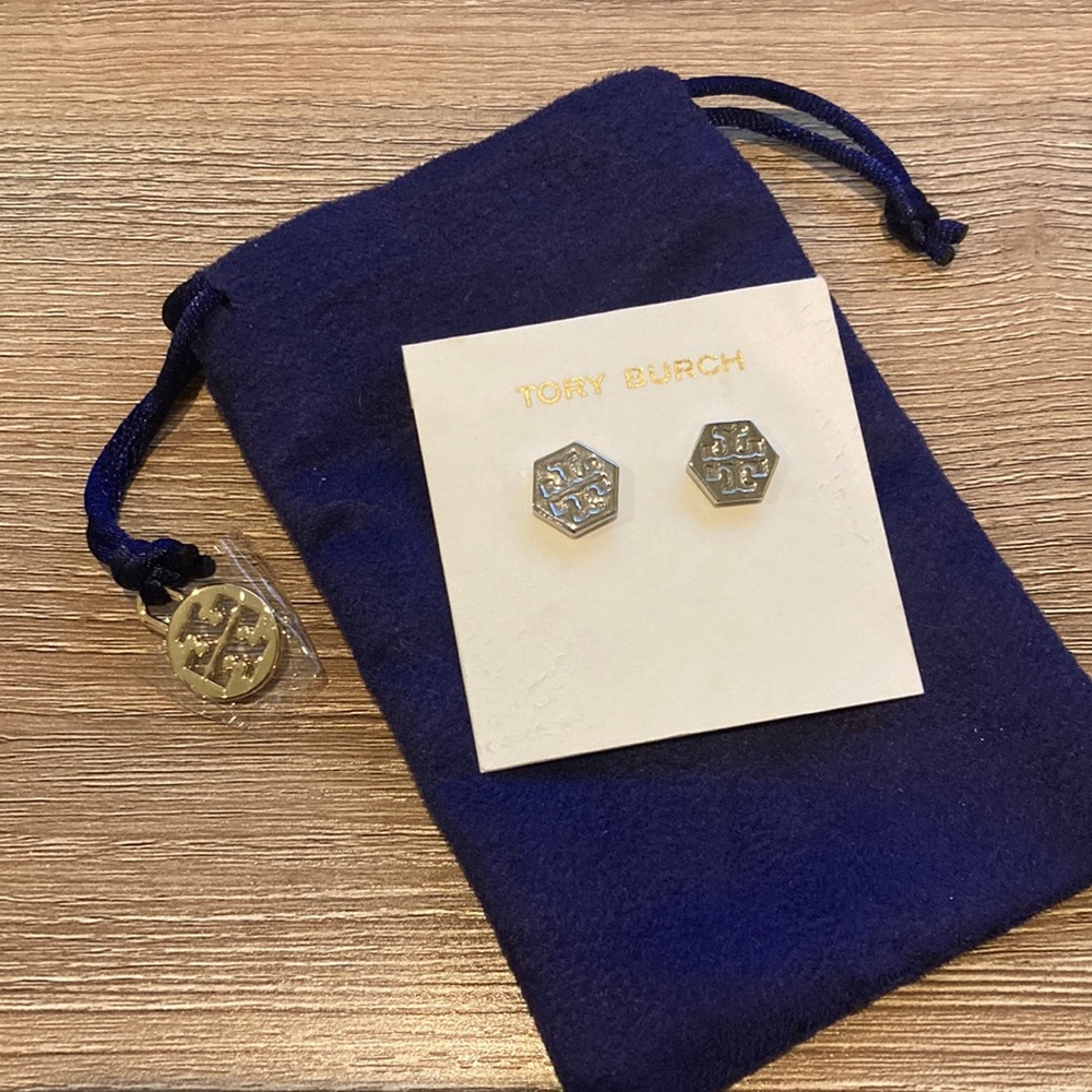 Tory Burch Silver Hexagon Logo Stud Earrings